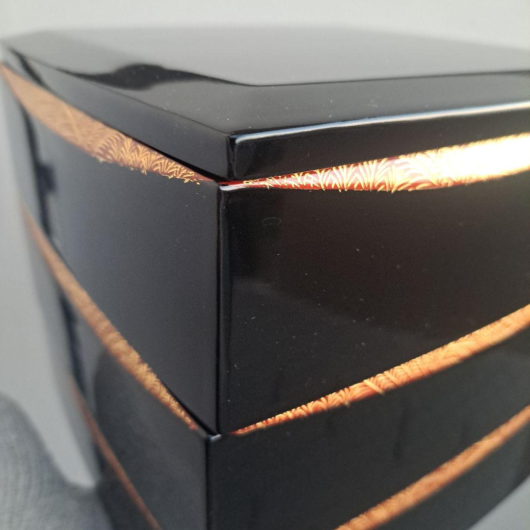 【会津漆器　6.5寸\"3段重箱】天然木製　ダイヤ型　胴張　長期保管品