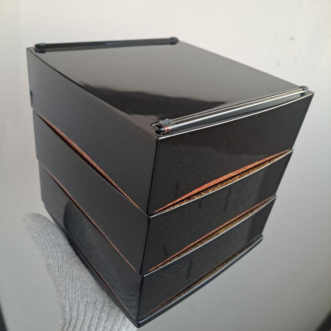 【会津漆器　6.5寸\"3段重箱】天然木製　ダイヤ型　胴張　長期保管品