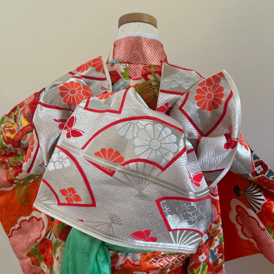 7歳　七五三　正絹着物　古典柄　帯　帯揚げ　帯締めのセットです。