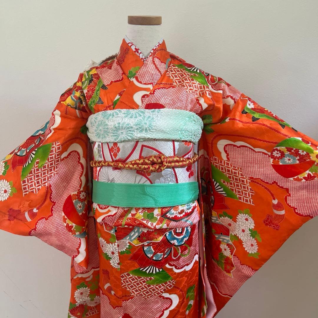 7歳　七五三　正絹着物　古典柄　帯　帯揚げ　帯締めのセットです。