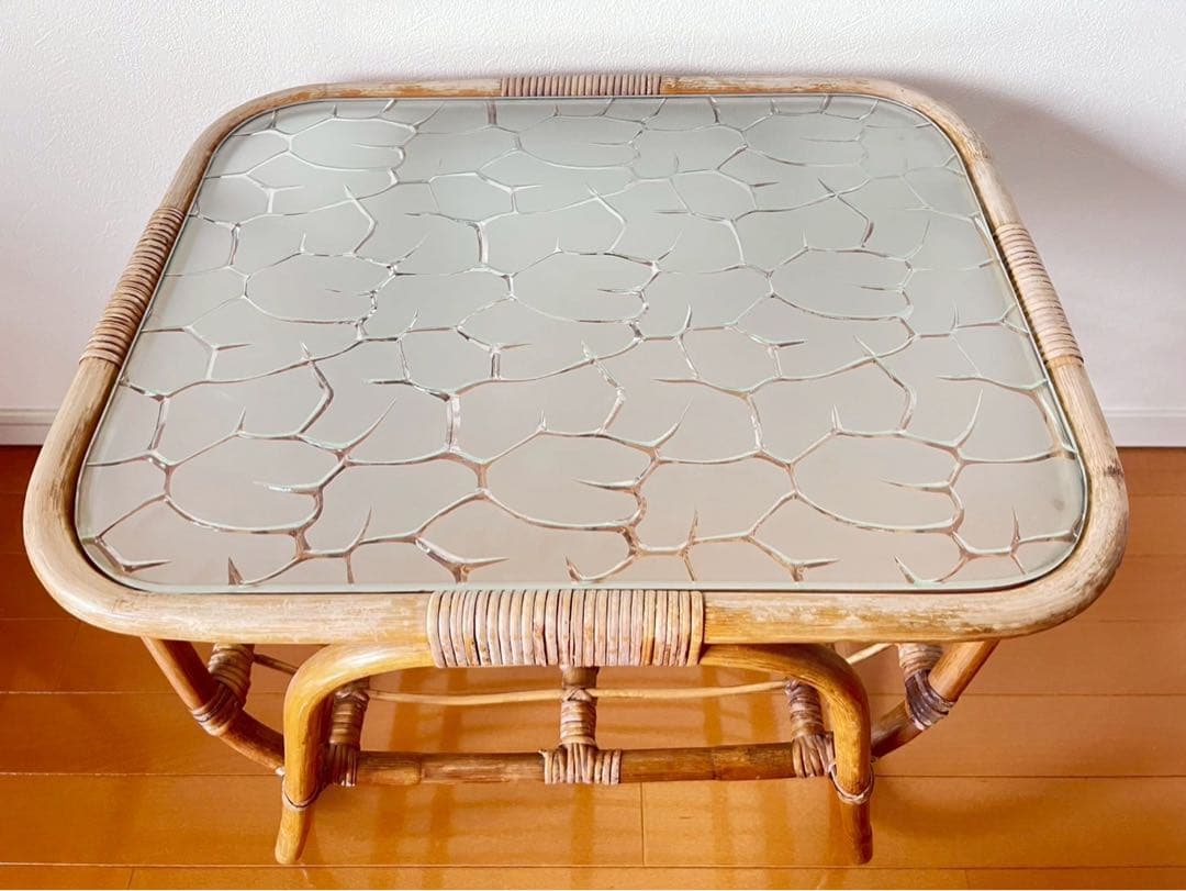 ★最終値下げ★【アンティーク家具】ラタン ガラス天板 サイドテーブル 籐家具