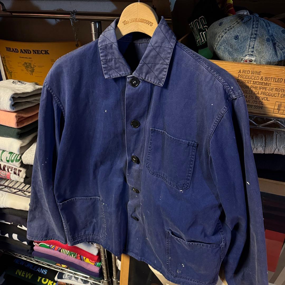 50s ユーロワークジャケット ペンキ痕 茄子紺 激フェード Aシルエットワイド