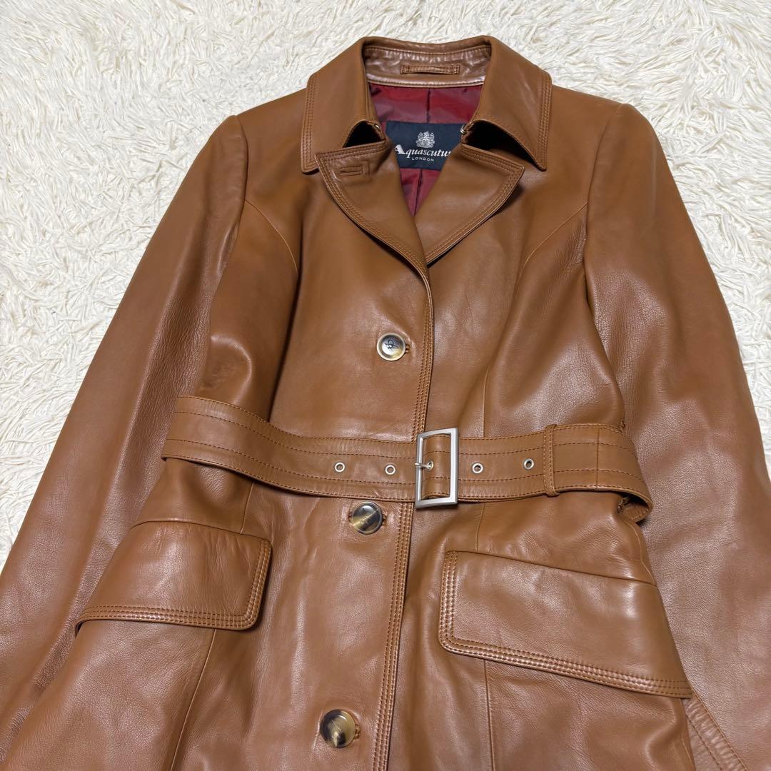 極美品 アクアスキュータム ラムレザー トレンチコート ロング丈 羊革 ブラウン