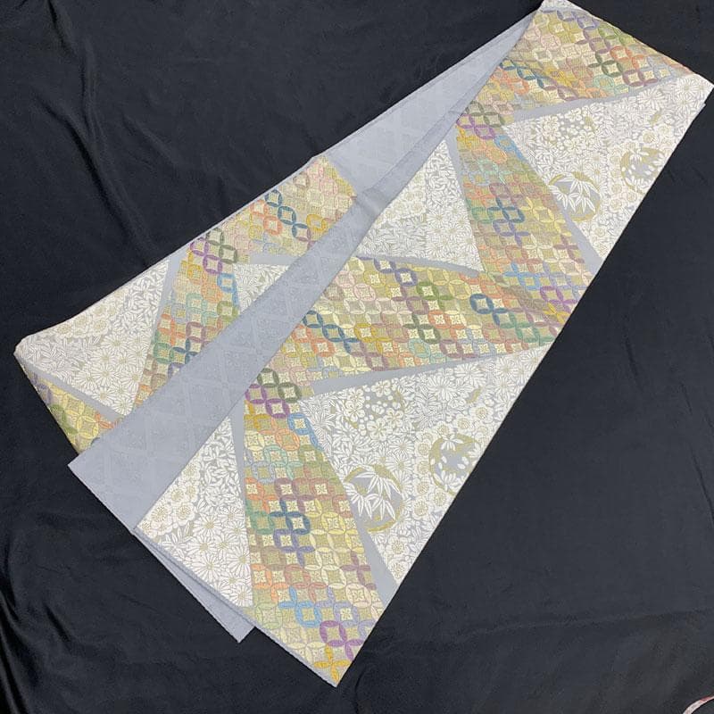 411my64◇唐織 花菱七宝に花尽くし 竹梅 菊 金糸 袋帯◇美品