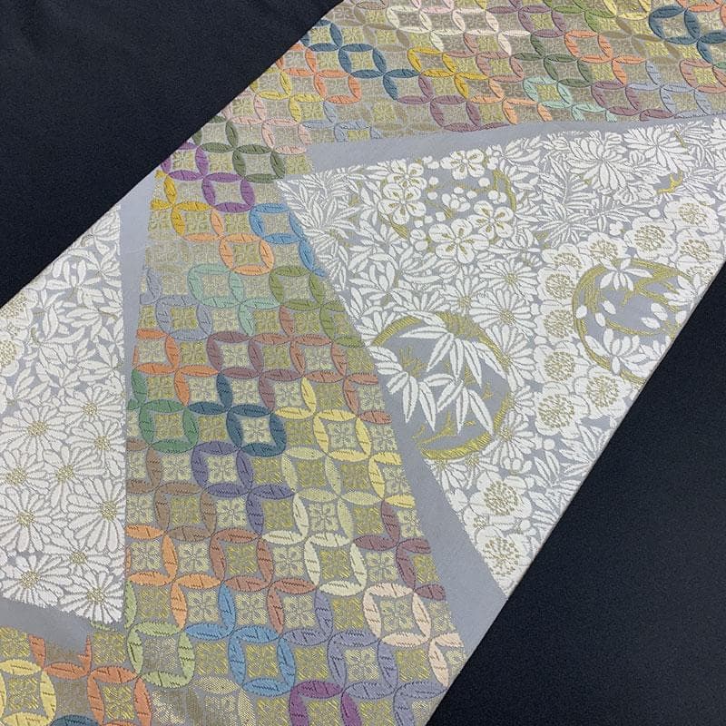 411my64◇唐織 花菱七宝に花尽くし 竹梅 菊 金糸 袋帯◇美品