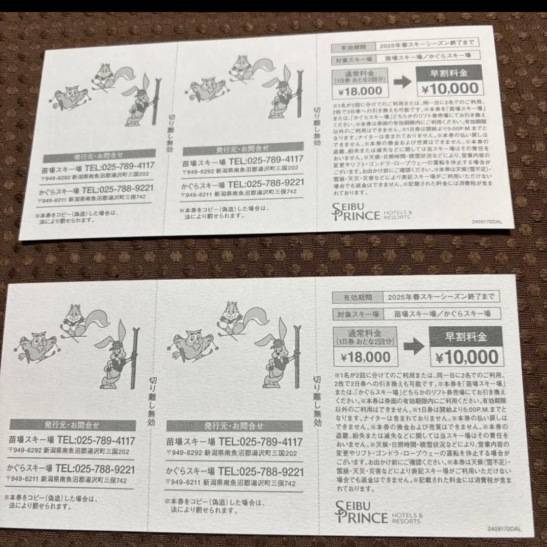苗場スキー場 かぐらスキー場 共通リフト券2枚綴り×2 (1日券x4)即日発送
