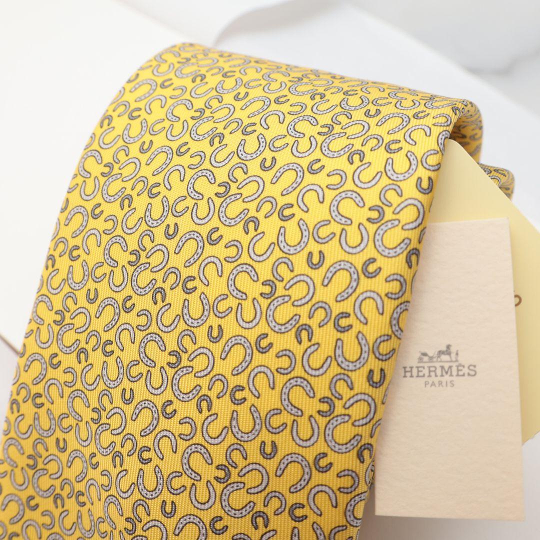 未使用 HERMES エルメス イエロー シルク ネクタイ 模様入り