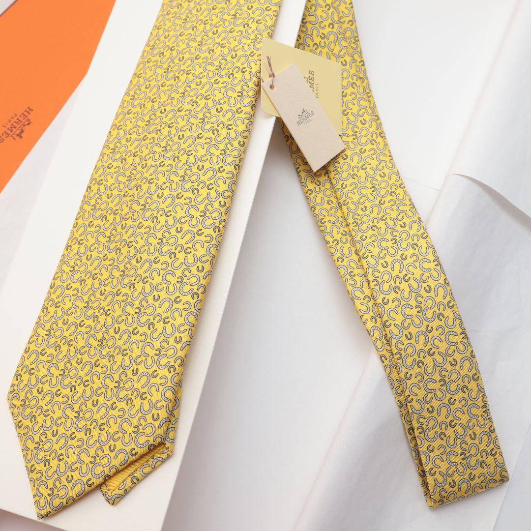 未使用 HERMES エルメス イエロー シルク ネクタイ 模様入り