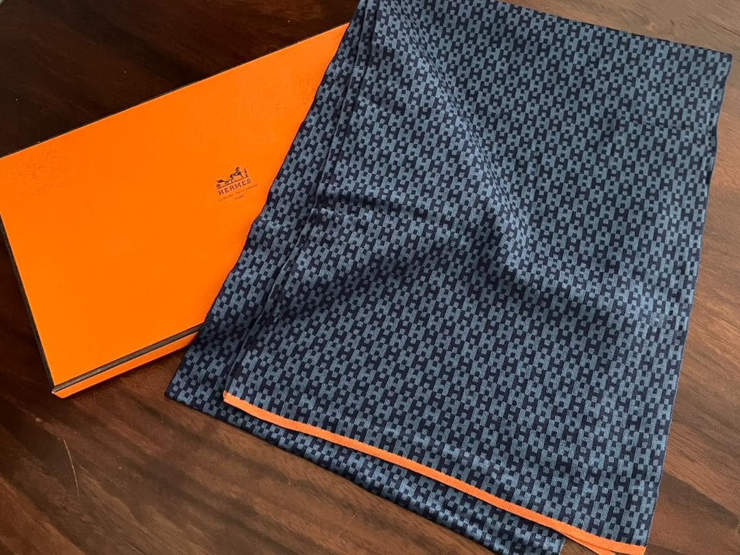 ◆HERMES エルメス H柄シルクマフラー ブルー系×オレンジライン