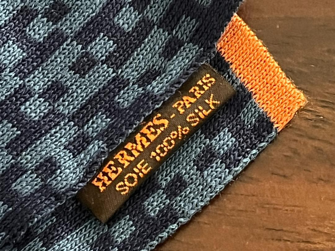 ◆HERMES エルメス H柄シルクマフラー ブルー系×オレンジライン