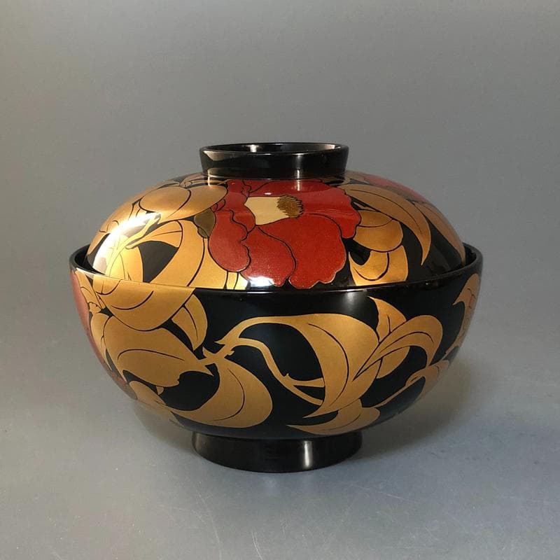 ◆506◆椿蒔絵　仙才吸物椀　木製漆器 平安堂 造 己ん典 作　五客 懐石