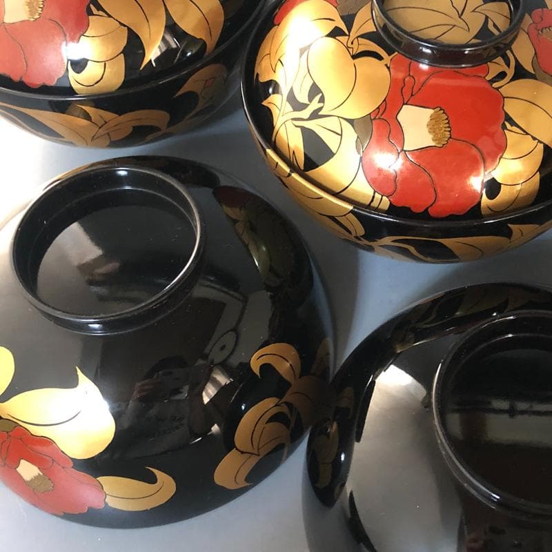 ◆506◆椿蒔絵　仙才吸物椀　木製漆器 平安堂 造 己ん典 作　五客 懐石