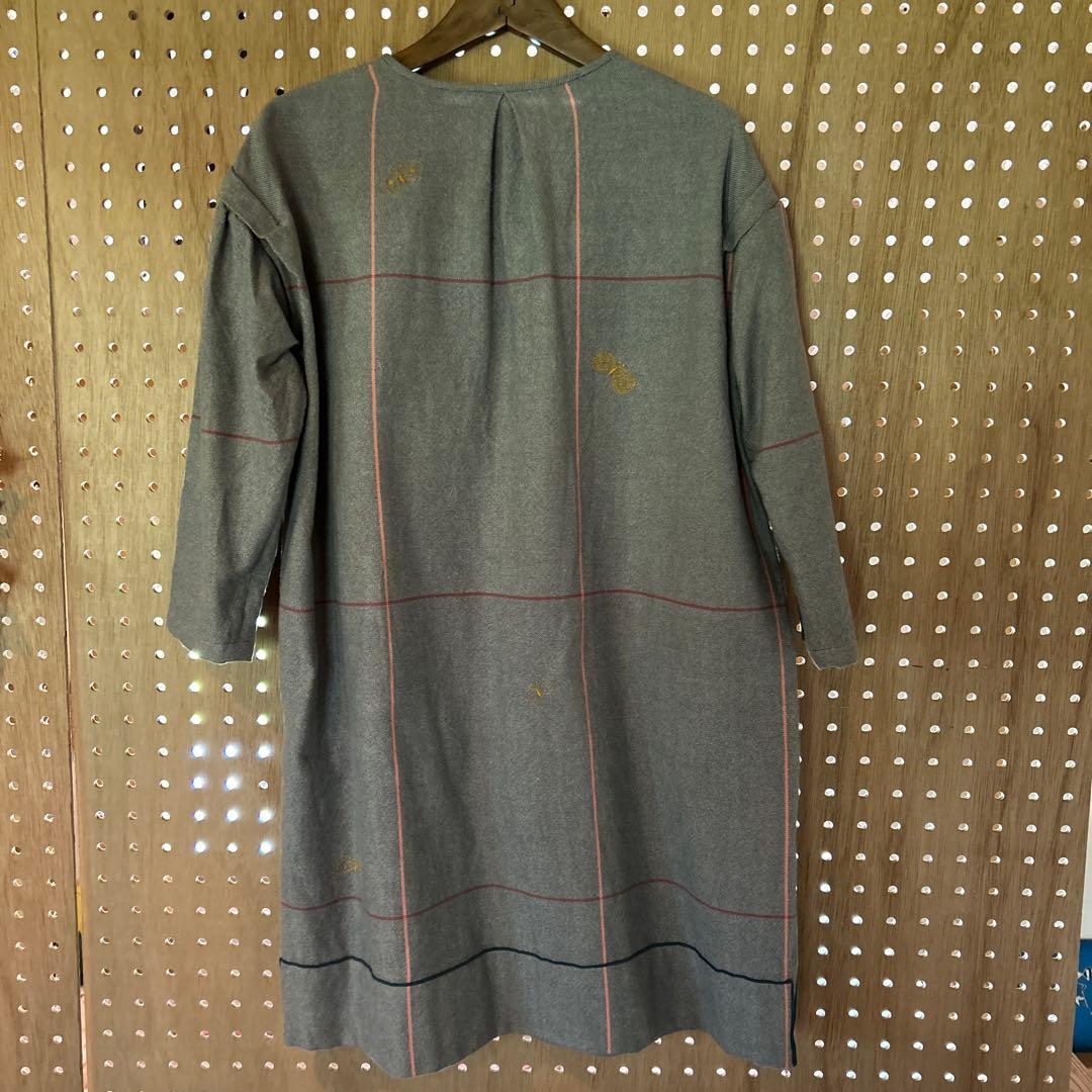 ミナペルホネン　グレー ストライプ柄 七分丈 ワンピース