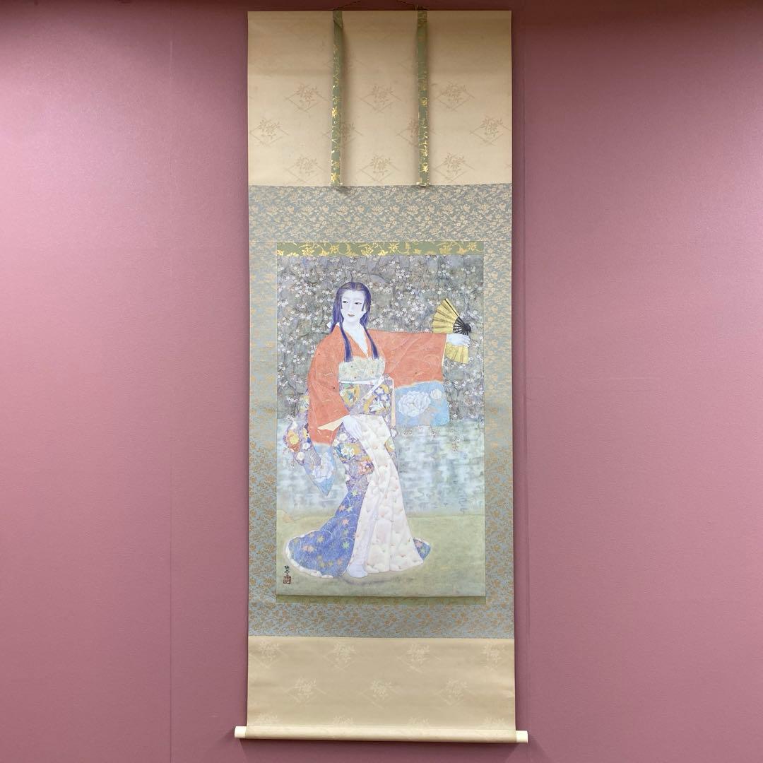 美品 掛け軸 日本画家 白鳥映雪筆「古城惜春」 桜 縁起物 美人画 おもてなし