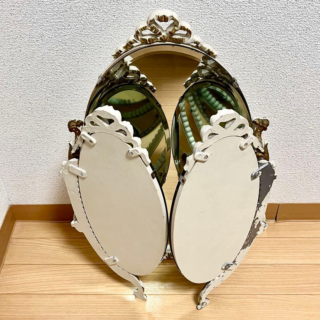 アンティーク　ドレッシングミラー　三面鏡　オーバル　ミラー　ドレッサー　ホワイト