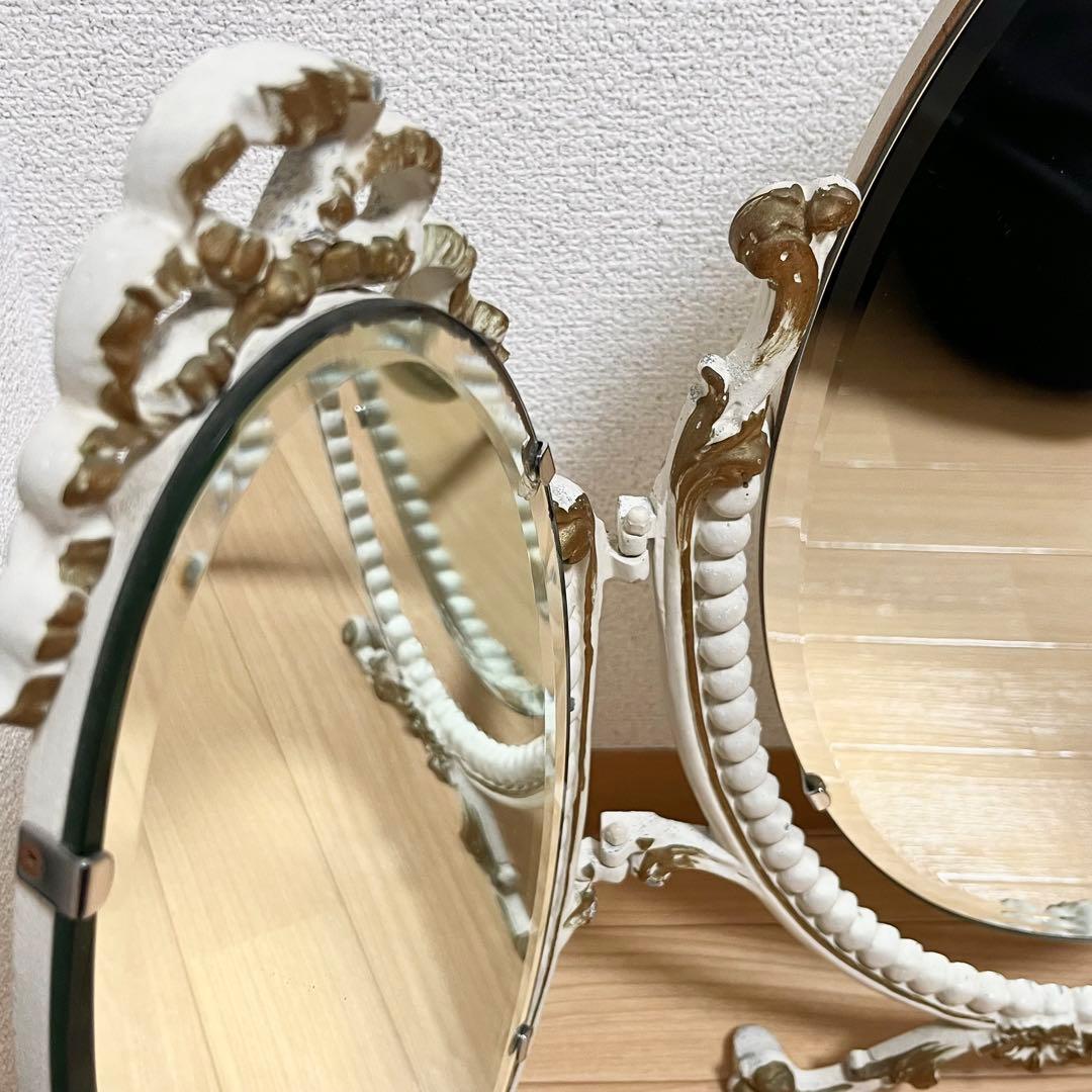 アンティーク　ドレッシングミラー　三面鏡　オーバル　ミラー　ドレッサー　ホワイト