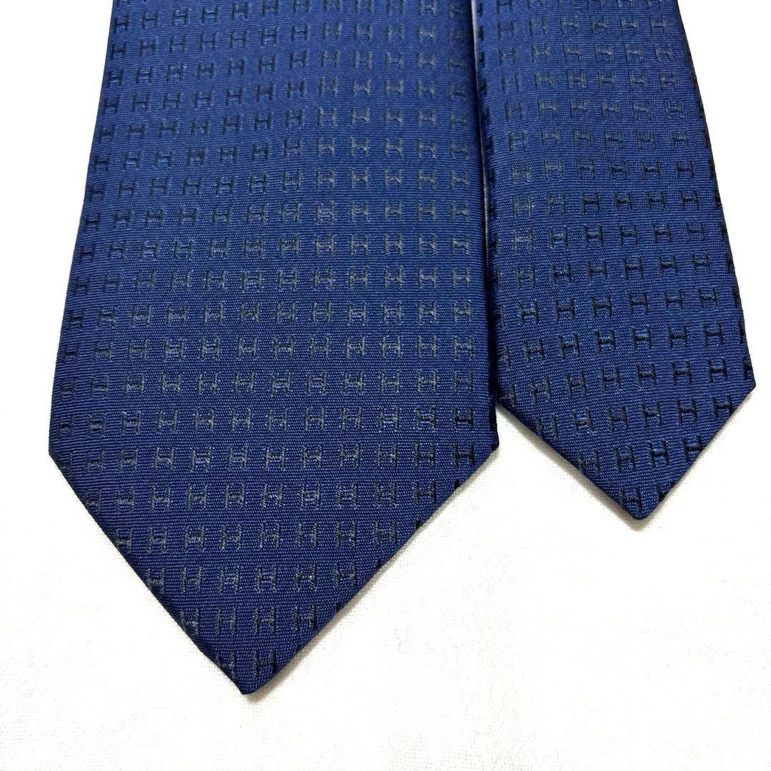 究極美品　HERMES　エルメス　ネクタイ　ネイビー　H柄　ファソネ　箱付　袋付