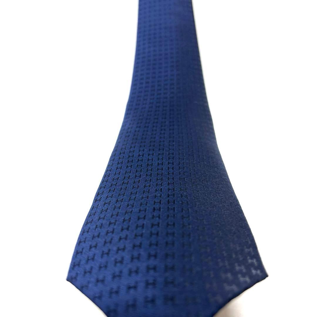 究極美品　HERMES　エルメス　ネクタイ　ネイビー　H柄　ファソネ　箱付　袋付