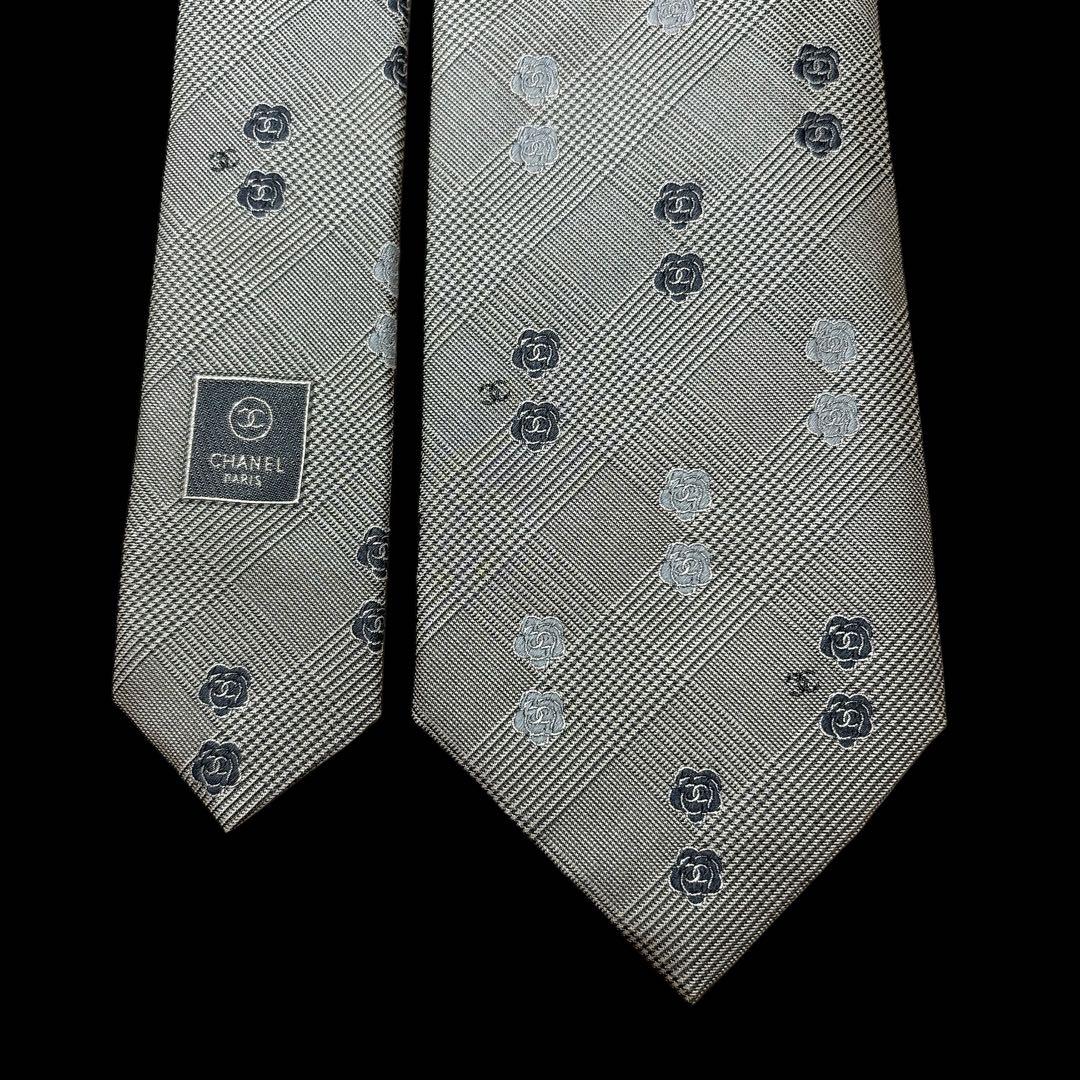 極美品 CHANEL ココマーク カメリア ネクタイ グレンチェック チェーン付