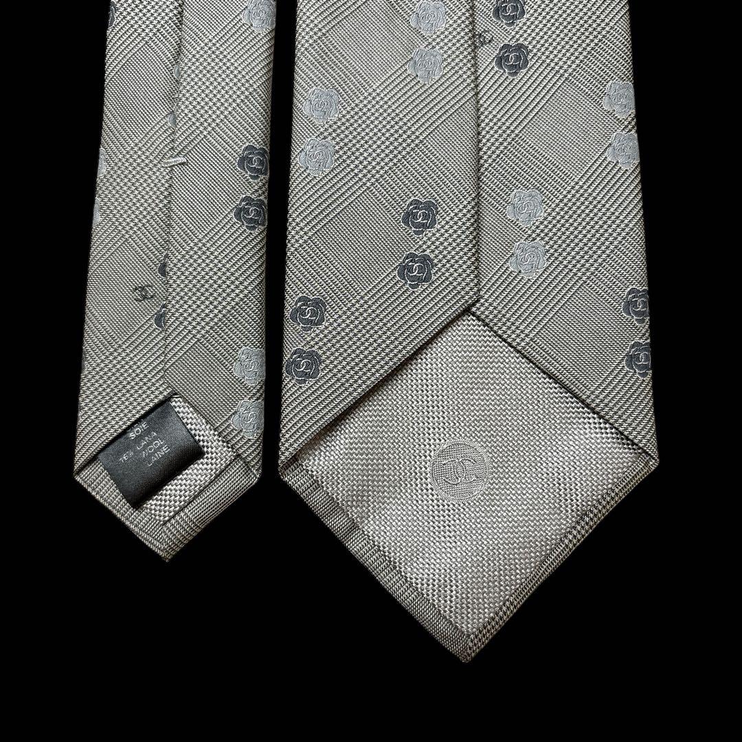 極美品 CHANEL ココマーク カメリア ネクタイ グレンチェック チェーン付