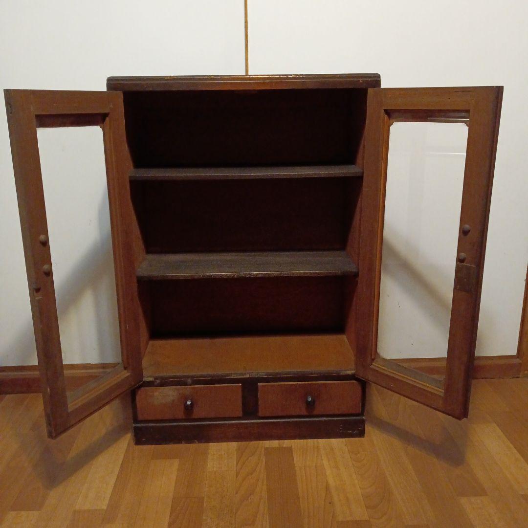 ガラスキャビネット　昭和レトロ　ガラス棚　小引き出し