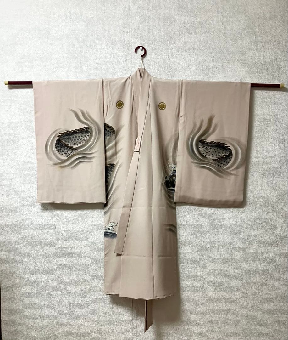 産着　手描き　龍　薄ベージュ　正絹
