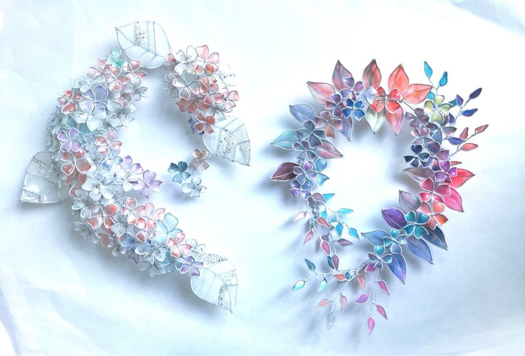 紫陽花リース　オーロラフラワーリース　ワイヤークラフト　ディップアート　アート