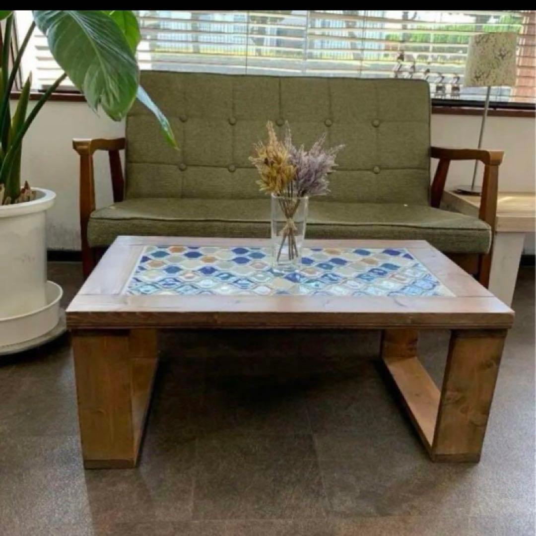 《感謝セール》レトロなかわいさが魅力のランタンタイル　カフェテーブル　ブルー系