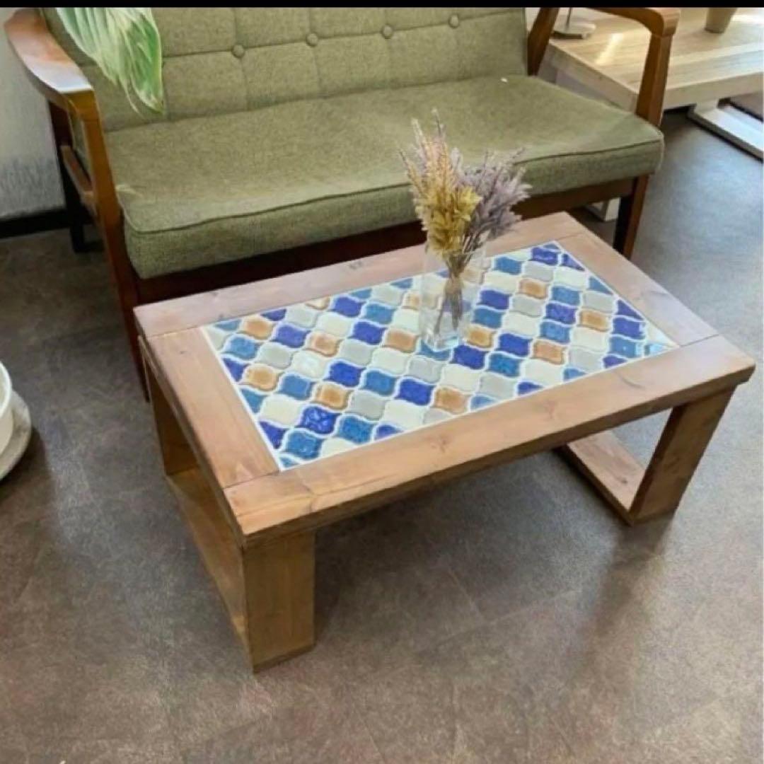 《感謝セール》レトロなかわいさが魅力のランタンタイル　カフェテーブル　ブルー系