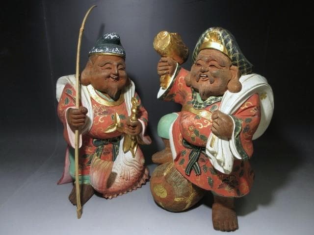 平櫛田中 木彫 彩色 恵比寿像 大黒天尊像／共箱／彫刻界巨匠