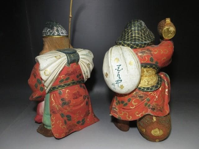 平櫛田中 木彫 彩色 恵比寿像 大黒天尊像／共箱／彫刻界巨匠