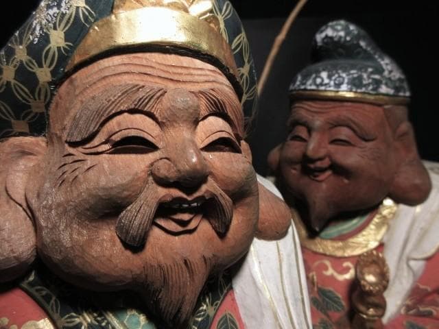 平櫛田中 木彫 彩色 恵比寿像 大黒天尊像／共箱／彫刻界巨匠