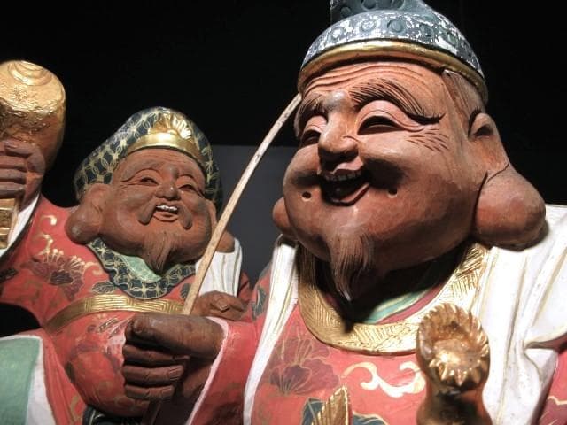 平櫛田中 木彫 彩色 恵比寿像 大黒天尊像／共箱／彫刻界巨匠