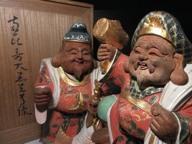 平櫛田中 木彫 彩色 恵比寿像 大黒天尊像／共箱／彫刻界巨匠