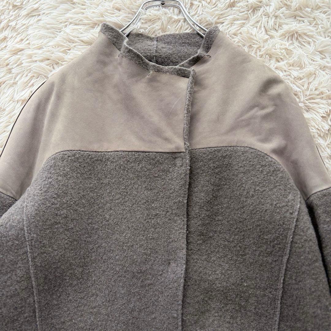 イタリア高級ブランド トランジット リアルレザー ウールコート異素材 グレー M