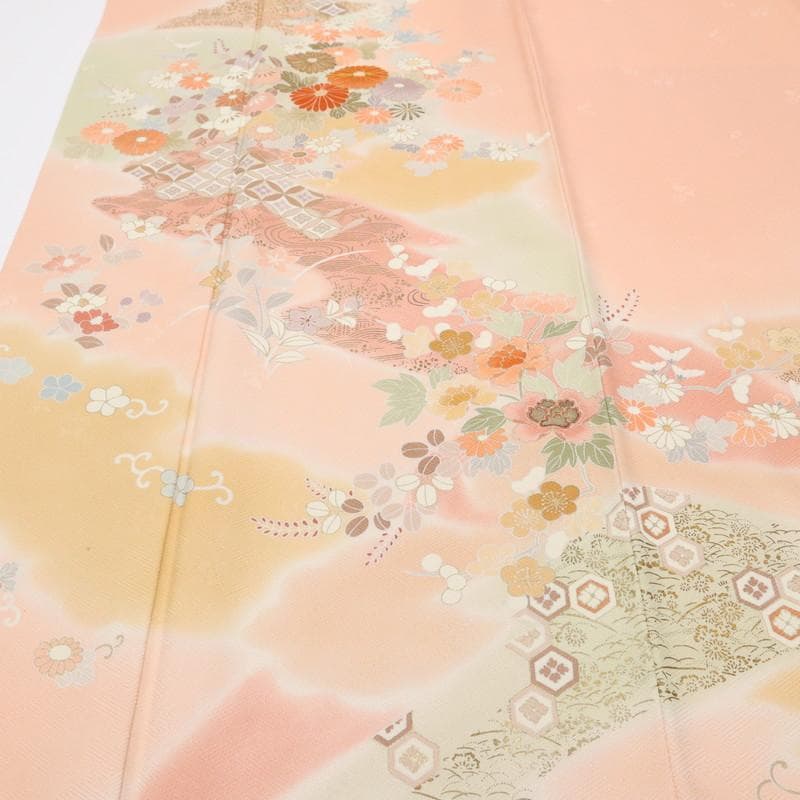 訪問着＊袷着物 長尺 トールサイズ 霞に四季花 略礼装 ピンク 正絹 1HM5