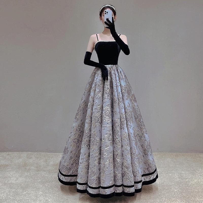 イヴニングドレス　ロングドレス　パーティードレス　パール　刺繡　サイズS