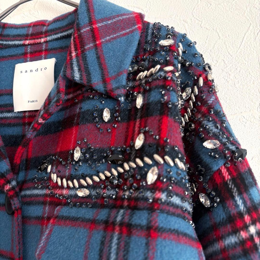 美品 sandro ビジュー装飾 チェック柄 ウールコート シャツジャケット