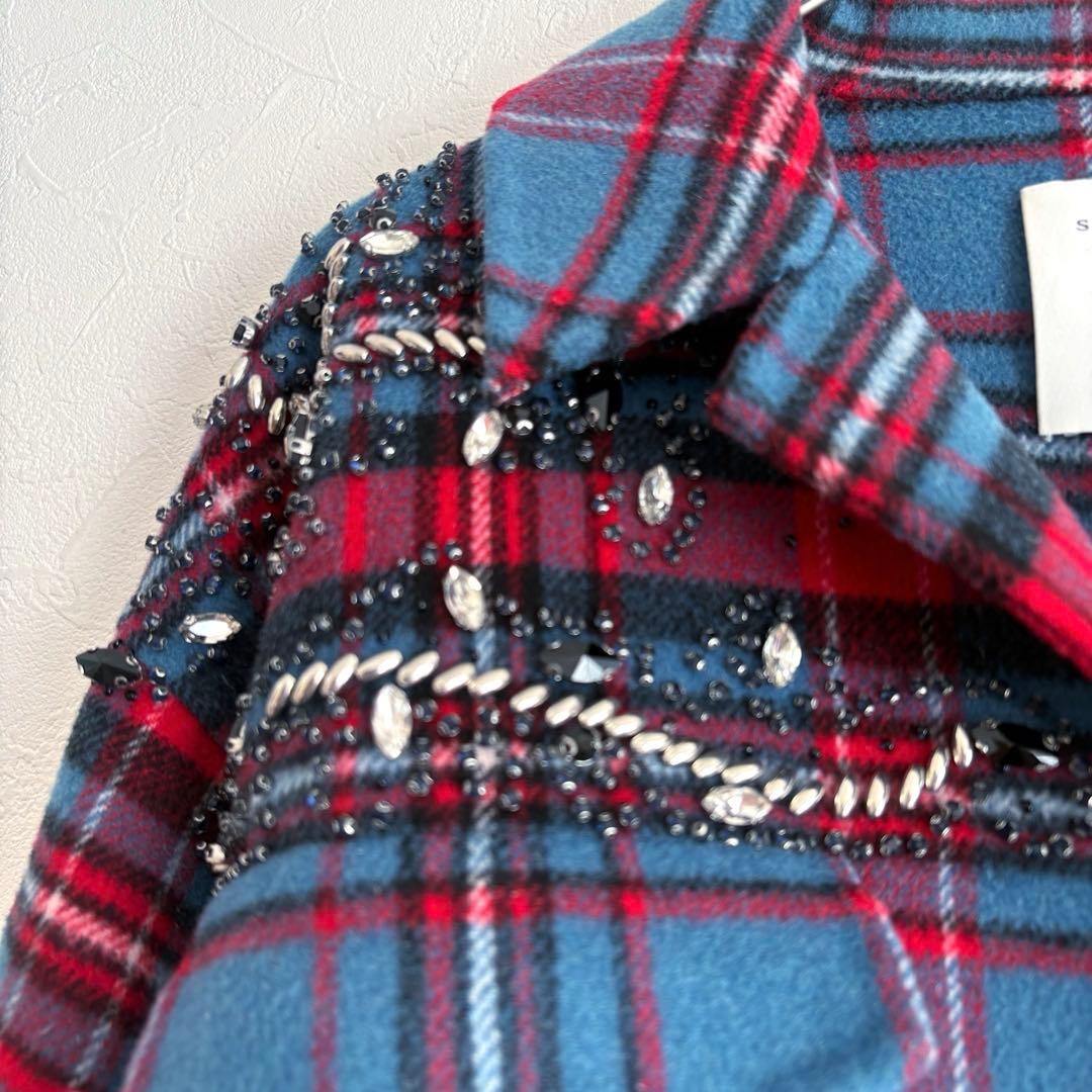 美品 sandro ビジュー装飾 チェック柄 ウールコート シャツジャケット