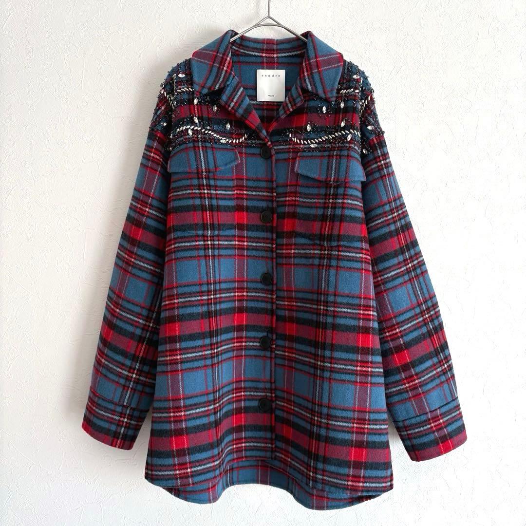 美品 sandro ビジュー装飾 チェック柄 ウールコート シャツジャケット