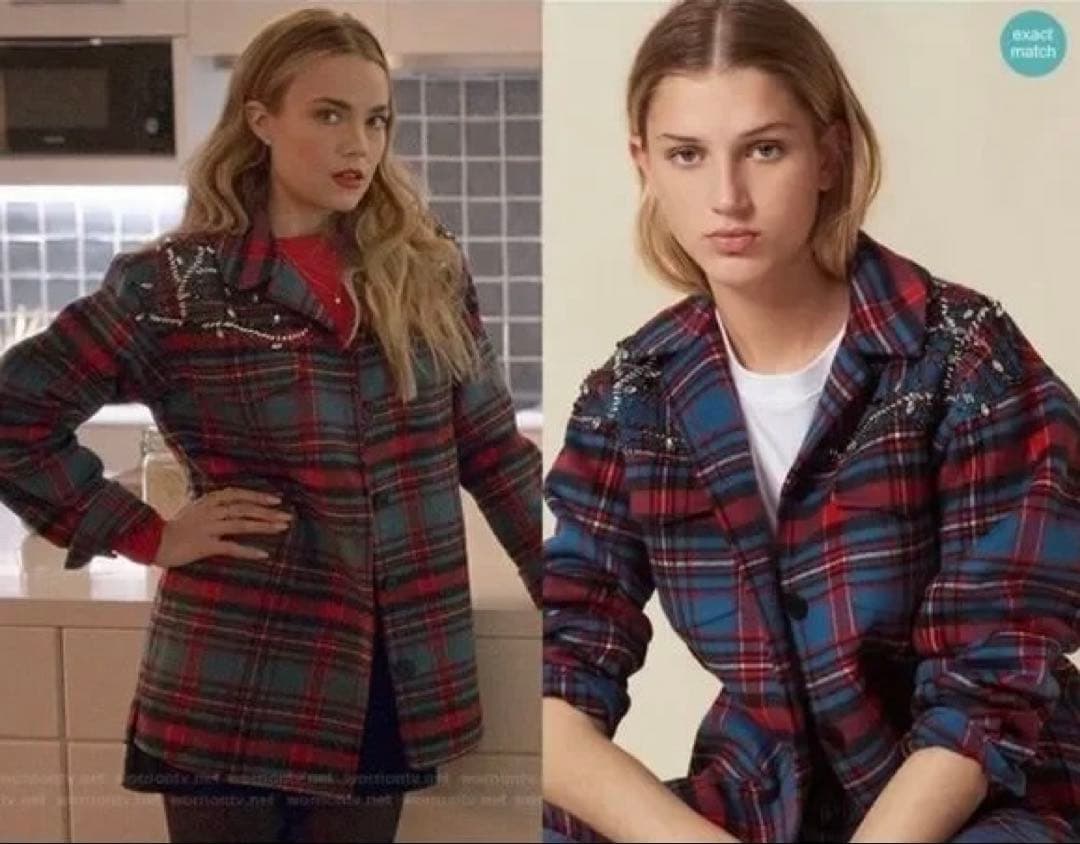 美品 sandro ビジュー装飾 チェック柄 ウールコート シャツジャケット