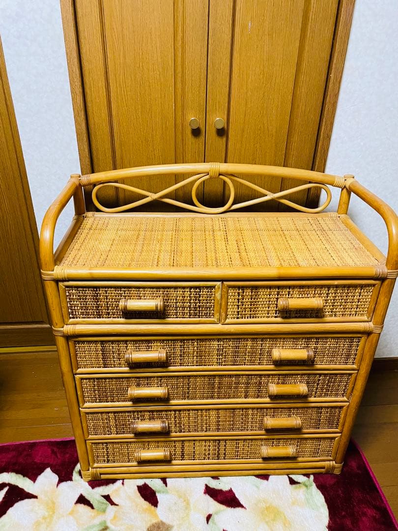 昭和レトロ　ラタン製チェスト 6引き出し ナチュラルウッド