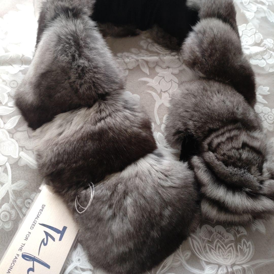 新品未使用　百貨店購入　タグ付き　チンチラマフラー　グレー　リアルファー