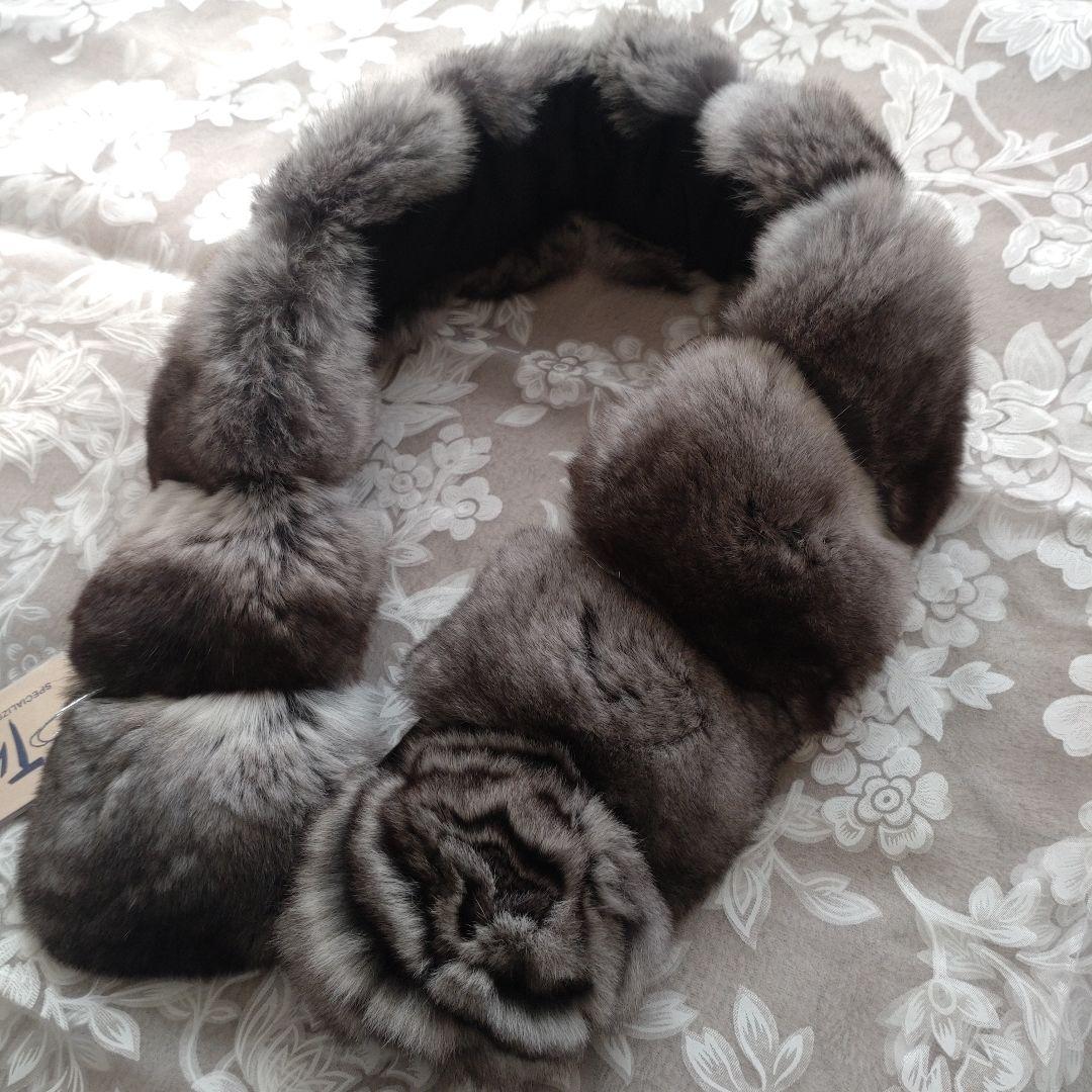 新品未使用　百貨店購入　タグ付き　チンチラマフラー　グレー　リアルファー