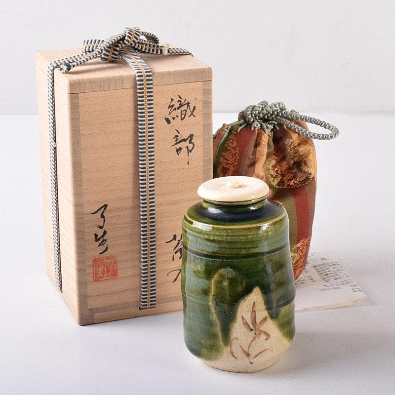 茶道具　山月窯　川本了生造　織部　茶入　仕覆付　共箱　V　7278