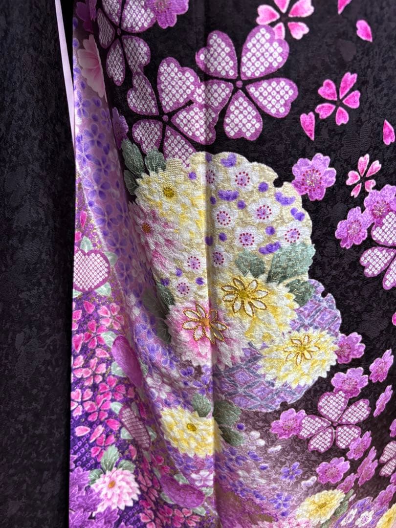 成人式振袖身丈160.5cm裄丈67cm雪輪 草花金糸金彩茶紫正絹美品セット中古