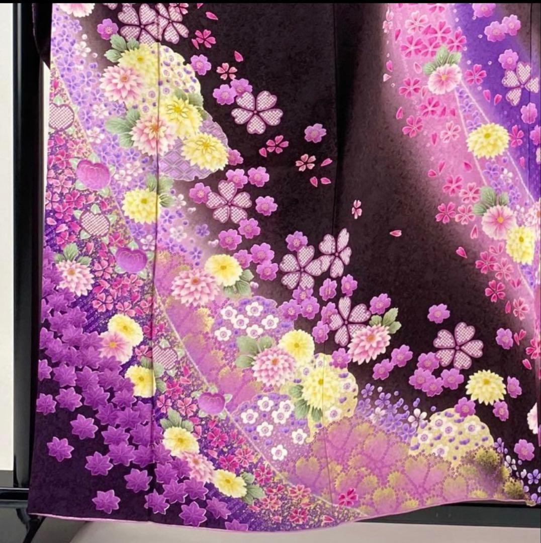 成人式振袖身丈160.5cm裄丈67cm雪輪 草花金糸金彩茶紫正絹美品セット中古