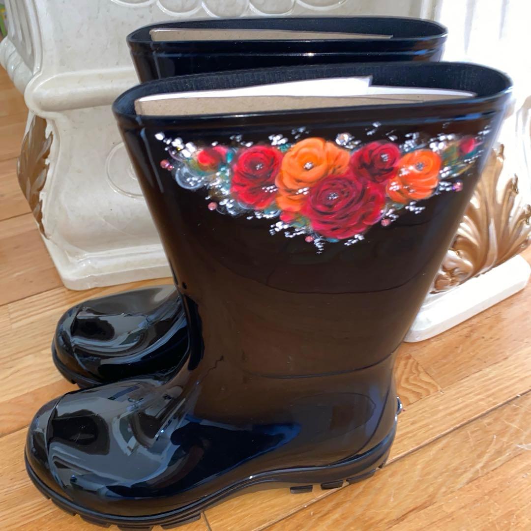 長傘　長靴　香水ボトル　ランチバック　薔薇　手描き　トールペイント