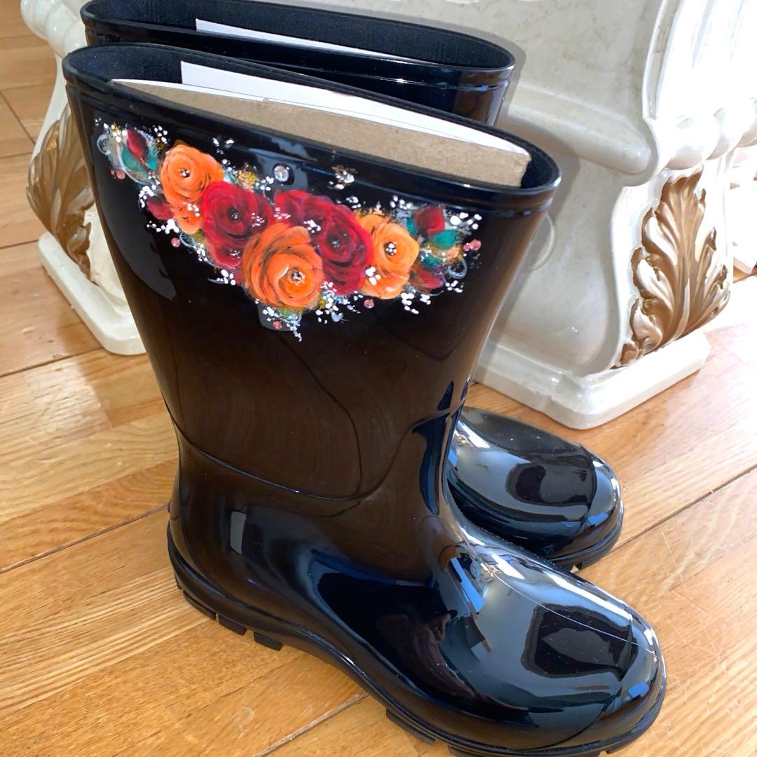 長傘　長靴　香水ボトル　ランチバック　薔薇　手描き　トールペイント