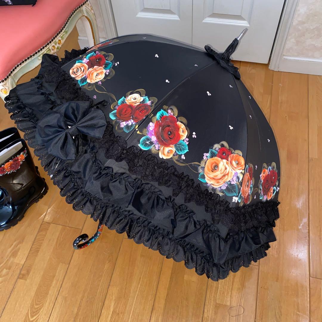 長傘　長靴　香水ボトル　ランチバック　薔薇　手描き　トールペイント